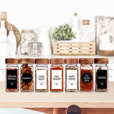 Churboro 24 Spice Jars with 547 Labels - Glass Spice Jars with Shaker Lids - 4 Oz Square Spice Containers with Acacia Wood Lids, Chalk Pen, Funnel- Seasoning Jars for Spice Rack, Cabinet, or Drawer - Image 2