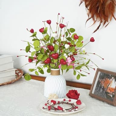 Fairblo 6 Pcs Artificial Silk Flowers for Home Decor Indoor,Fake Flowers with Stems for Vases for Decoration,Faux Flower Arrangements Spring Floral Picks Hearts Berry with Green Leaves(19’’) - Image 5