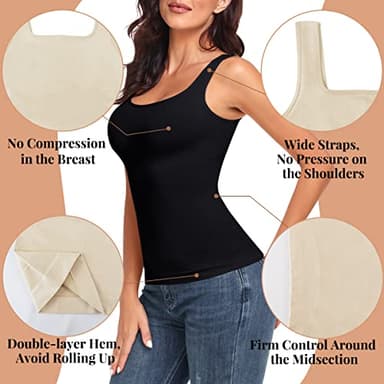 EUYZOU Women's 3PK Tummy Control Shapewear Tank Tops Seamless Square Neck Compression Tops Slimming Body Shaper Camisole - Black/White/Rose L - Image 4