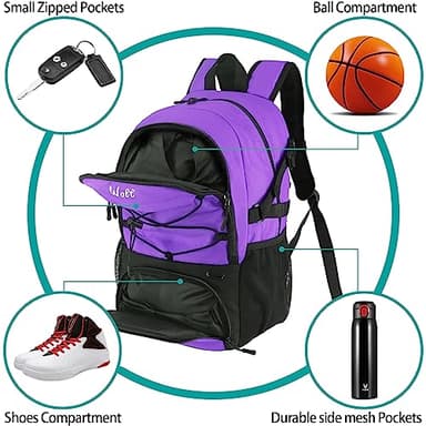 WOLT | Basketball Backpack Large Sports Bag with Separate Ball Holder & Shoes Compartment, Best for Basketball, Soccer, Volleyball, Swim, Gym, Travel (Purple) - Image 3