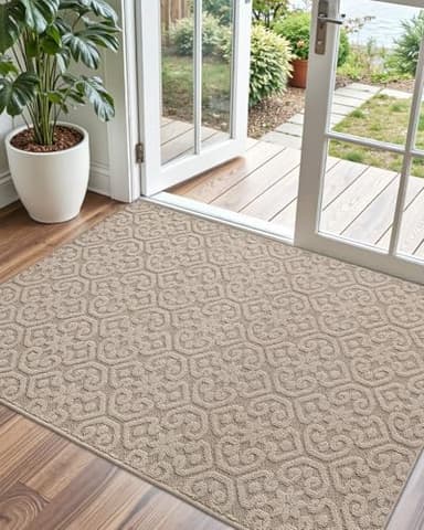 DEXI Front Door Entryway Mat Non Slip, 3x5 ft Large Washable Inside Entrance for House Floor Low Profile, Thin Entry Doormat Absorbent Dirt Trapper, Light Taupe - Image 1