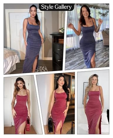 Popilush Sparkly Cocktail Dresses for Women Shapewear Formal Wedding Guest Dress Fall Square Neck Ruched Midi Dress Side Slit Black - Image 2