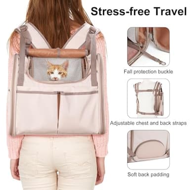 FUKUMARU Cat Backpack Carrier, Expandable Small Pet Carriers for Cats with 4 Pockets, Hiking Travel Carrier Bag for Small Animal, Airline Approved Cat Carrier with Rollable Cover for Nervous Cat, Pink - Image 6