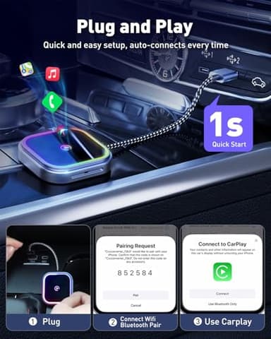 FAHREN 2-in-1 Wireless Carplay Adapter for iPhone & Android, Mini Apple Carplay Dongle & Android Auto Adapter Audio Reactive Lighting Design, Bluetooth Connection, with USB Type-A & Type-C - Image 4