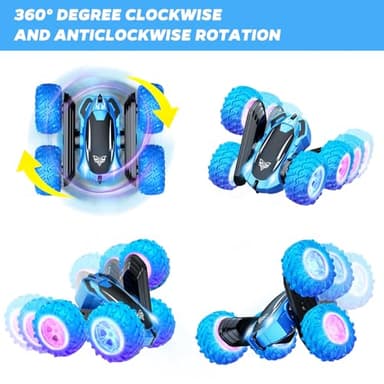 KKONES Remote Control Car, 2.4GHz Double Sided 360° Flips Rotating Electric Race RC Stunt Car, LED Wheel & Headlight High Speed Off Road Cars Toy Gift for 3 4 5 6 7 8-12 Year Old Boy Toys (Blue) - Image 3