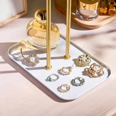 pickpiff Necklace Holder Jewelry Organizer Stand – 2‑Tier T‑Bar Jewelry Display Tree with Tray for Countertop Necklace Bracelet Earring Storage, Vanity Dresser Bathroom Sink, Gold - Image 3