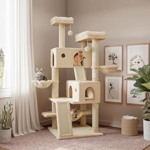 SHA CERLIN 65in Larger Cat Tree Tower Condo for Indoor Kitties/Multi-Level Furniture Activity Center with Wide Base/Cozy Plush Cat Perches/Baskets/Sisal Scratching Posts and Hammock/Beige - Image 1
