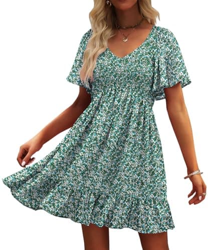 UEAL Womens Sundresses V Neck Green Floral Short Spring Summer Dresses for Women 2025 Small Green Floral - Image 1