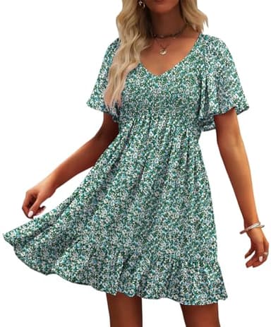 UEAL Womens Sundresses V Neck Green Floral Short Spring Summer Dresses for Women 2025 Small Green Floral - Image 1