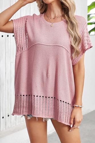 Cakulo Womens Summer Short Sleeve Casual Sweaters Tunic Crochet Knit Sweater Top 2025 Pink XL - Image 4