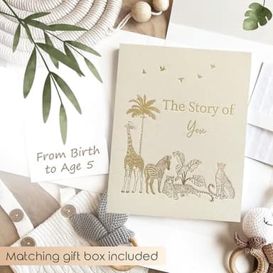 Eviepops Prints Baby Memory Book, Luxury Keepsake Gift for Mom to be, Milestone Record & Photo Album Birth to Age 5, Gender Neutral for Boy or Girl, Linen Fabric Safari Journal Scrapbook, Baby Shower - Image 2