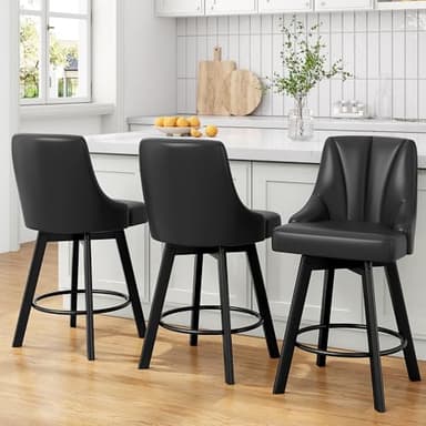 YaFiti Swivel Bar Stools with Backs, 24" Counter Height Bar Stools Set of 6, PU Leather Upholstered Counter Barstools with Solid Wood Legs for Kitchen Island, Home Bar, Black - Image 3