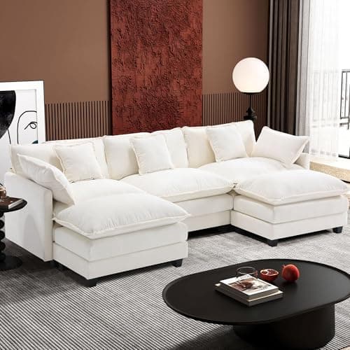 Ihanherry 111.4" U Shaped Cloud Couch Modern Modular Sectional Sofa with 2 Ottoman, 5-Seat Chenille Deep Seat Sofa with 5 Pillows for Living Room, Bedroom and Apartment, Beige - Image 1