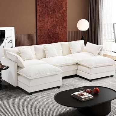 Ihanherry 111.4" U Shaped Cloud Couch Modern Modular Sectional Sofa with 2 Ottoman, 5-Seat Chenille Deep Seat Sofa with 5 Pillows for Living Room, Bedroom and Apartment, Beige - Image 1
