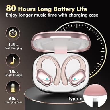 Bcaikair Wireless Earbuds, Sports Bluetooth Headphones, Ear Buds with 80hr Playtime, Noise Canceling, LED Power Display, IPX7 Waterproof Earphones for Workout/Running Rose Gold - Image 3