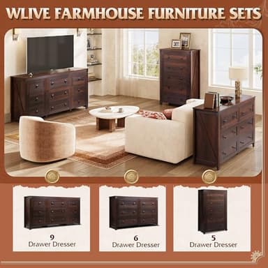 WLIVE Farmhouse Brown Dresser for Bedroom, 5 Drawer Dresser Storage Organizer, Tall Wood Dressers with Double Rustic Handle, Chest of Drawers for Living Room, Hallway, Closet - Image 9