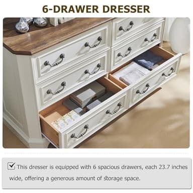 T4TREAM Farmhouse 6 Drawers Dresser for Bedroom, 54" Wide Wood Rustic Chest of Drawers with Natural Texture, Vintage Design, Storage Dressers Organizer for Bedroom, Living Room, Antique White - Image 5