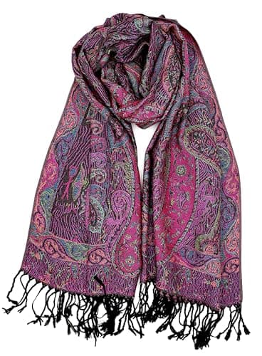 Achillea Soft Silky Reversible Paisley Pashmina Shawl Wrap Scarf w/Fringes (Tapestry Fuchsia) - Image 1