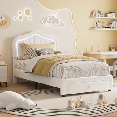 GarveeHome Twin Upholstered Bed Frame with Storage Drawer and Smart Led Headboard, Twin Size Platform Bed Frames for Kids, Wooden Slats Support, No Box Spring Needed, Easy Assembly, White - Image 3