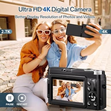 4K Digital Camera for Photography - Autofocus 48MP Vlogging Camera for YouTube with 3'' 180°Flip Screen - 16X Digital Zoom, Anti-Shake Camera for Vlogging with SD Card, 2 Batteries & Charging Stand - Image 2