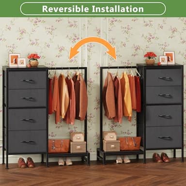 HIGDBFE Dresser with Hanging Rack, 4 Drawers Small Closet for Bedroom, Reversible Fabric Chest of Drawers with Clothes Rack, Tall Storage Tower, Sturdy Frame, Grey, 44''H - Image 7