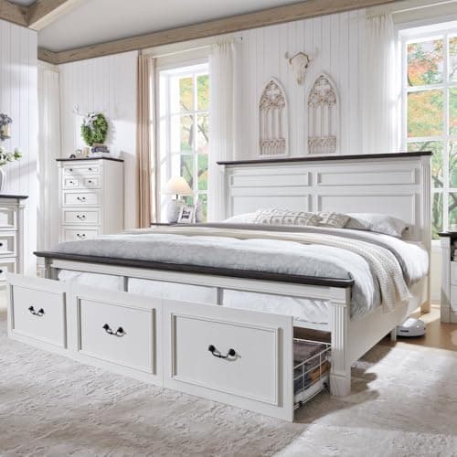Aitjunz Farmhouse King Size Bed Frame with 51" Tall Headboard, Wood Platform Bed Frame with 20" Tall Roman Column Decoration Footboard & 3 Large Storage Drawers, No Box Spring Needed (White) - Image 1