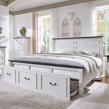 Aitjunz Farmhouse King Size Bed Frame with 51" Tall Headboard, Wood Platform Bed Frame with 20" Tall Roman Column Decoration Footboard & 3 Large Storage Drawers, No Box Spring Needed (White) - Image 1