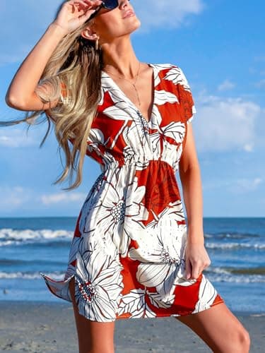CUPSHE Women's Swimsuit Cover Up Dress Short Sleeve Beach Coverup Summer V Neck Dress White&Red Floral X-Large - Image 5