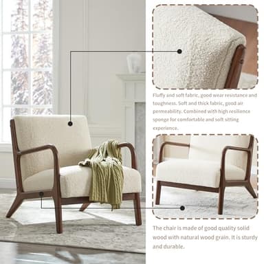 Mid-Century Modern Accent Chair with Cushions, Living Room Chair with Solid Wood Frame, Lounge Chair Chair for Living Room, Office, Bedroom, Lambswool White - Image 6