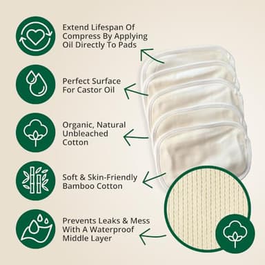 Castor Oil Pack - 8 Piece Complete Kit. Includes 16oz Glass Bottle of Organic Castor Oil, Easy to use Organic Cotton Compress with Adjustable Fit, 5 Soft Cotton Pads & Soothing Heat Pack.. - Image 5