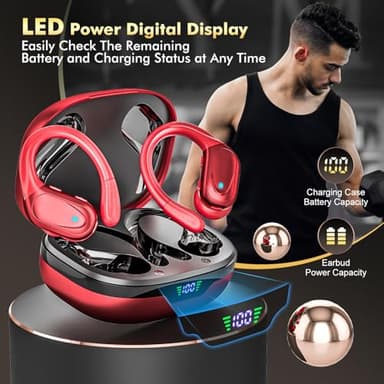 HAOYUYAN Wireless Earbuds, Sports Bluetooth Headphones, 80Hrs Playtime Ear Buds with LED Power Display, Noise Canceling Headset, IPX7 Waterproof Earphones for Workout/Running (Red) - Image 7