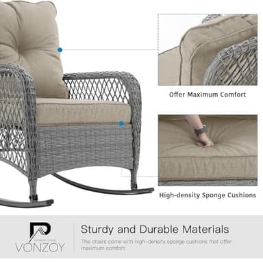 VONZOY Patio Furniture Set 3 Pieces, Rocking Bistro Set with Thick Cushions, Grey Wicker Outdoor Rocker Chairs and Coffee Table for Porch, Backyard or Garden (Grayish White) - Image 5