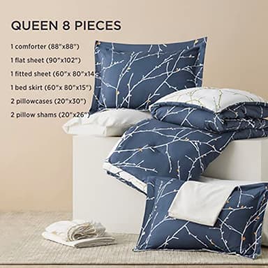 Bedsure Queen Comforter Sets - 7 Pieces Floral Navy Blue Bed Set, Tree Branch Pattern Printed Bed in a Bag Queen with Comforter, Sheets, Pillowcases & Shams - Image 7