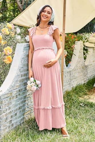 OUGES Womens 2025 Summer Maternity Baby Shower Dress Casual Boho Maxi Smocked Maternity Photoshoot Dresses Ruffle Sleeve Square Neck Gender Reveal Long Dress Pregnancy Must Have Clothes (Pink,L) - Image 4