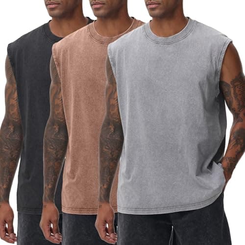 3 Pack Mens Workout Tank Tops Sleeveless Tee Shirts Men Muscle Shirt Gym Acid Wash T Shirts Running Beach Loose Fit Tee(CFGYBK,L) - Image 1