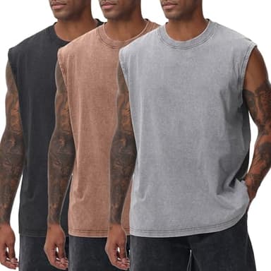 3 Pack Mens Workout Tank Tops Sleeveless Tee Shirts Men Muscle Shirt Gym Acid Wash T Shirts Running Beach Loose Fit Tee(CFGYBK,L) - Image 1