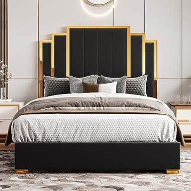 HOWE Queen Size Bed Frame and 61" Headboard, Upholstered Bed with Golden Plating Trim, Modern Platform Bed No Box Spring Needed, Black - Image 6