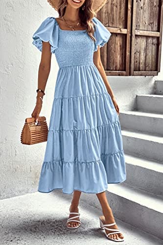 PRETTYGARDEN Women's Casual Summer Midi Dress Puffy Short Sleeve Square Neck Smocked Tiered Ruffle Dresses (Light Blue,Large) - Image 5