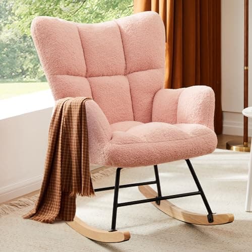 Sweetcrispy Rocking Chair Nursery, Teddy Upholstered Glider Rocker with High Backrest, Reading Chair Modern Rocking Accent Chairs Glider Recliner for Living Room, Nursery, Bedroom - Image 1
