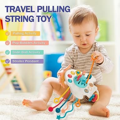 Baby Toys 6 to 12 Months, 5 In 1 Montessori Toys for 1 Year Old, Incl Travel Pull String Toy & Rattle Teether & Stacking Baby Block & Soft Infant Ring & Sensory Ball for Toddler 0-3-6-9-12 Month - Image 5