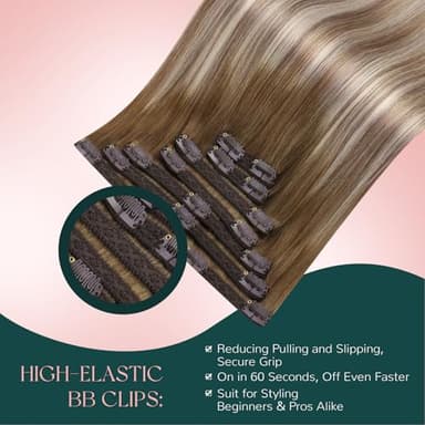 Easyouth 22 Inch Clip in Hair Extensions Balayage Human Hair Clip in Extensions Dark Brown Ombre Light Brown with Blonde Clips in Extension Add Length and Volume 120G 7Pcs - Image 3