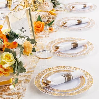 WELLIFE 50 Guests Dinnerware Sets, Gold Plastic Plates,Platos Para Fiestas Elegantes Desechables Include:50 Dinner Plates, 50 Dessert Plate, 150 Pcs Gold Plastic Silverware, 50 Cups for Party - Image 3