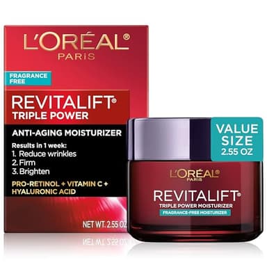 L'Oreal Paris Revitalift Triple Power Anti-Aging Face Moisturizer, Fragrance Free, Pro Retinol, Hyaluronic Acid & Vitamin C to Reduce Wrinkles, Firm & Brighten Skin, 2.55 Oz - Image 1