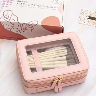 Aveniee XL Clear Makeup Organizer,Double Layer Travel Cosmetic Case with Brush Holder & Zippered Compartments,Big Toiletry Bag for Travel Accessories,2 Layers Large,Pink - Image 3