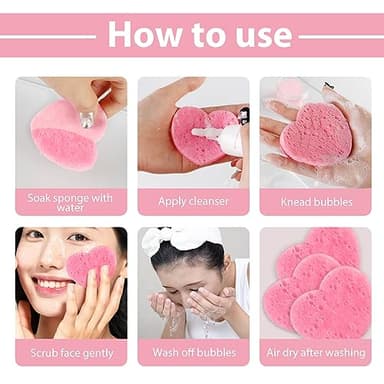 60-Count Compressed Facial Sponges With Container, Heart Shape Face Sponge, 100% Natural Pads for Cleansing, Massage, Pore Exfoliating Mask, Makeup Removal (Pink) - Image 7