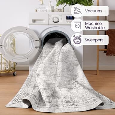 DEXI Area Rugs for Living Room, 4x6 Washable Low Pile Vintage Traditional Rug for Bedroom, Non Slip Indoor Carpet for Dining Office Nursery, White Grey - Image 8