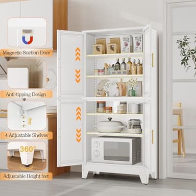 GAIOUS 75.2" Tall Metal Pantry Cabinet, Kitchen Pantry Storage Cabinets with 4 Door and 4 Adjustable Shelves, White Storage Cabinet, Freestanding Cupboard for Kitchen Dining Room Living Room Bathroom - Image 5