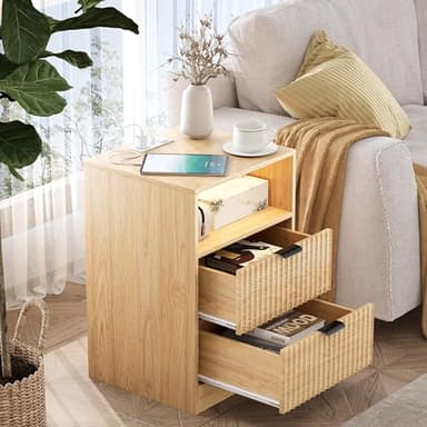 Wodeer LED Nightstand with Charging Station, Fluted Nightstand Set of 2, Wood Nightstands with 2 Drawers & Metal Handles, Modern Bedside Table & End Tables, Farmhouse Night Stands for Bedroom, Natural - Image 4