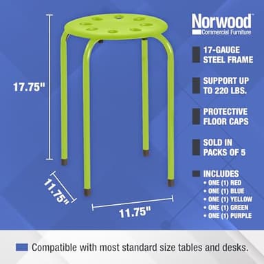 Norwood Commercial Furniture Stacking Stools for Kids and Adults, 17.75" Standard Height Portable Nesting Office and Classroom Stools, Assorted Color, Pack of 5 - Image 3