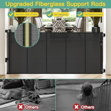 Reinforced 60" Wide Retractable Baby Gates with Upgraded Rods - Bottom Anti-Escape, 5 ft Mesh Baby Gate Retractable Dog Gate Indoor Pet Gate Retractable Stair Gate Outdoor Retractable Gate, Black - Image 2